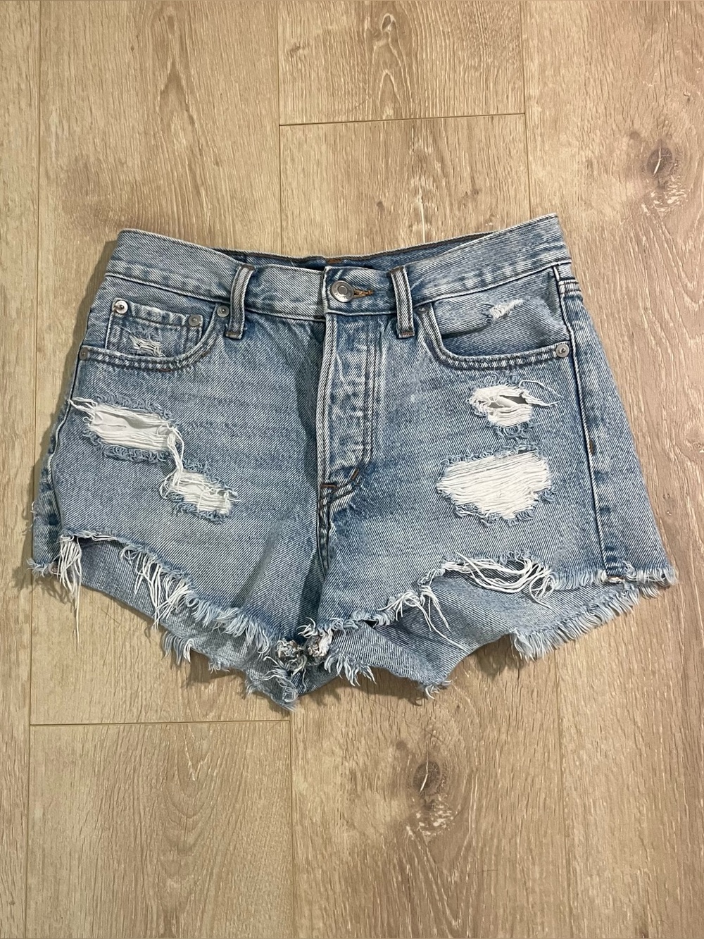 Aeropostale High-Rise Distressed Denim Shorts - Light Blue